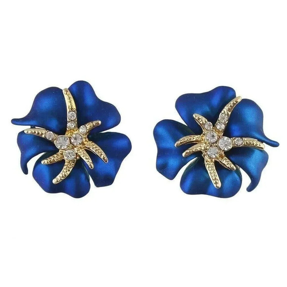 Satin Cobalt Blue Enamel Tropical Flower Stud Earrings with Crystal Accents - Picture 3 of 4